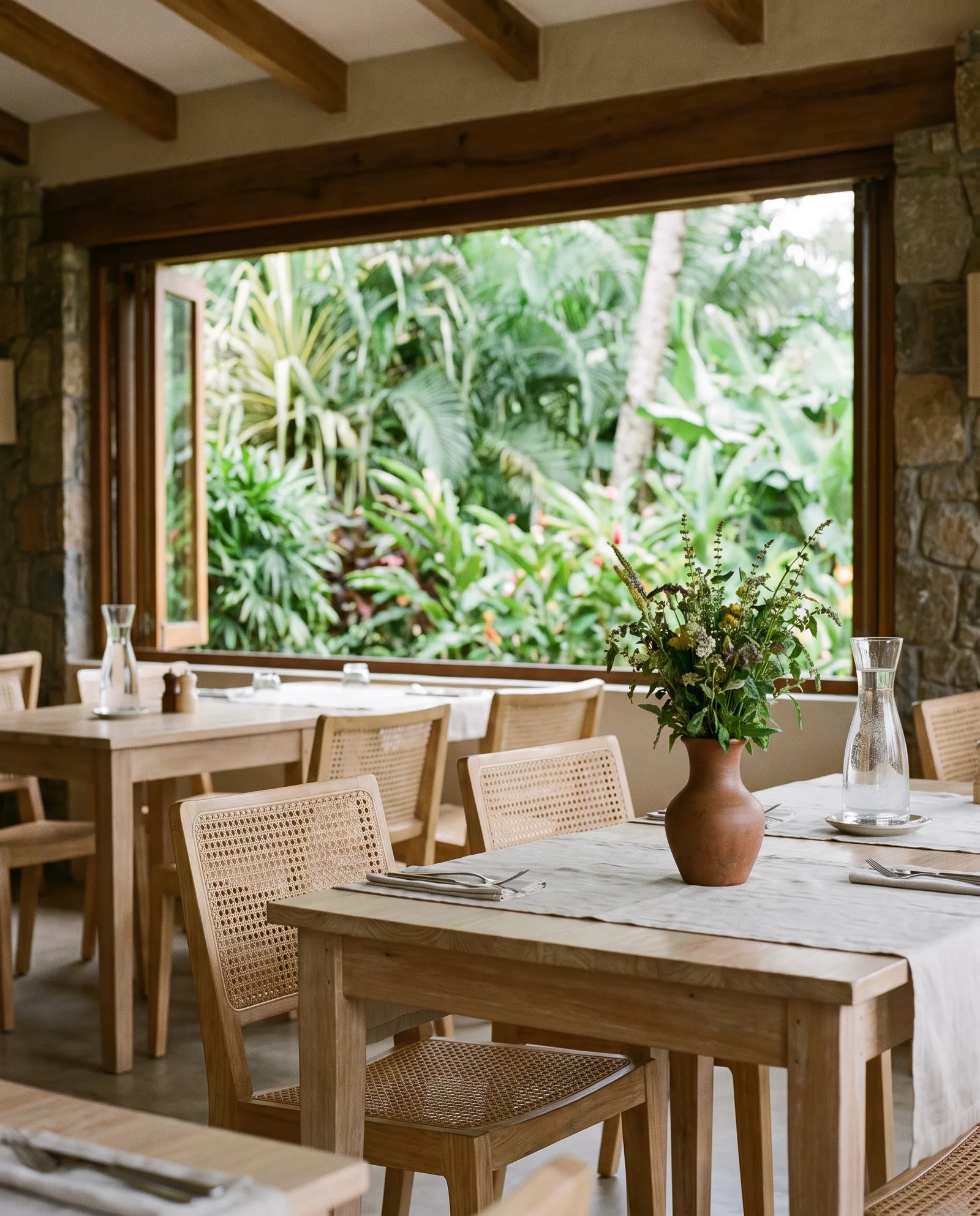 Salle de restaurant claire aux tables en bois, chaises cannées et grande fenêtre ouverte sur un jardin.