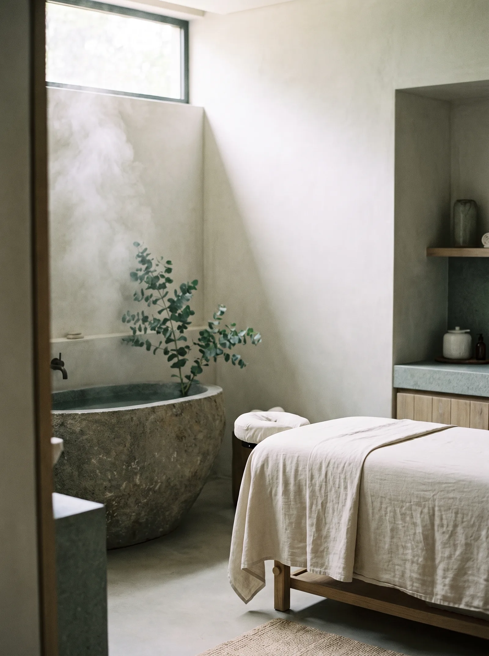 Table de massage en lin dans une salle d’enduit clair, une vasque de pierre fumante et une branche d’eucalyptus.